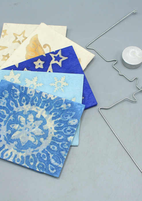 Handmade Snowflake Printed Sky Blue Lokta Paper Candle Lamp