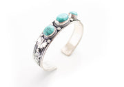 Turquoise Inlaid Filigree Pattern Tibetan White Metal Bracelet - nepacrafts
