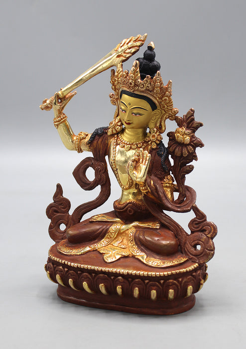 Partly Gold Painted Copper Manjushree Statue