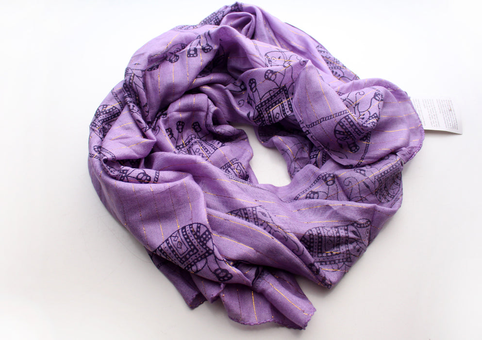 Cotton Meditation Scarf with Elephant Print, Purple Jari Shawl/Scarf - nepacrafts