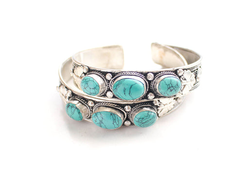 Turquoise Inlaid Filigree Pattern Tibetan White Metal Bracelet - nepacrafts