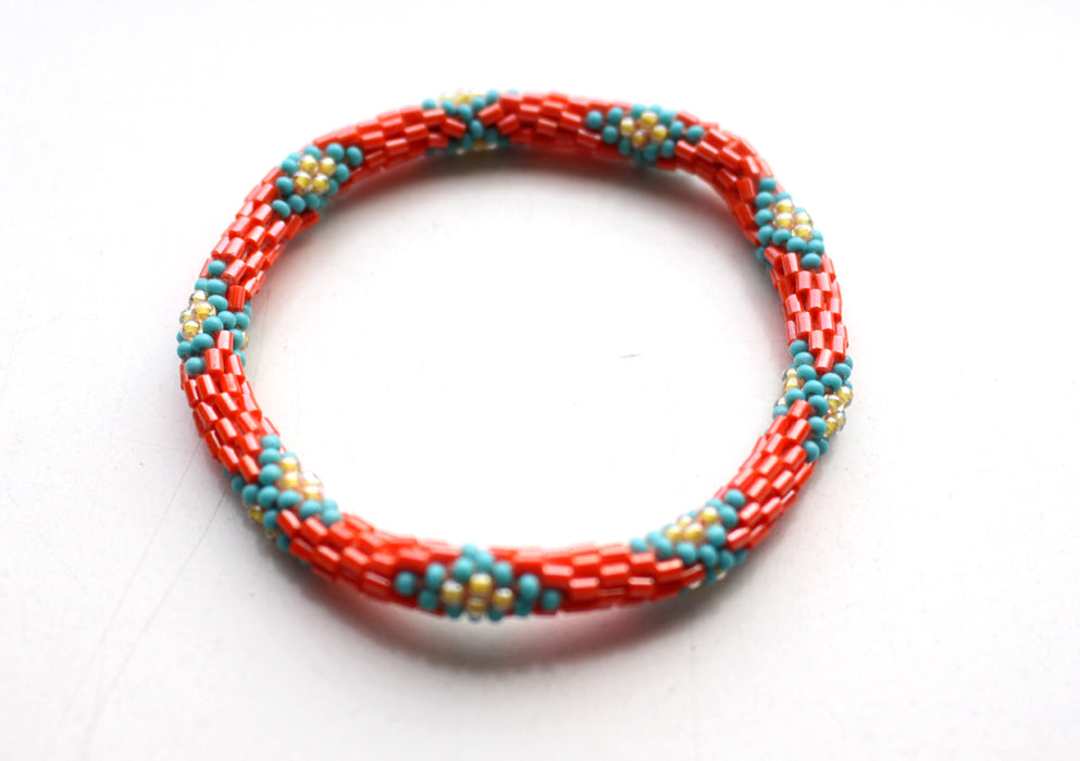 Orange Turquoise Glass Beads Roll On Bracelet - nepacrafts