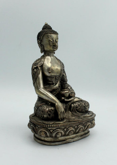 White Metal Floral Motif Carved Shakyamuni Buddha Statue 7.5 Inches