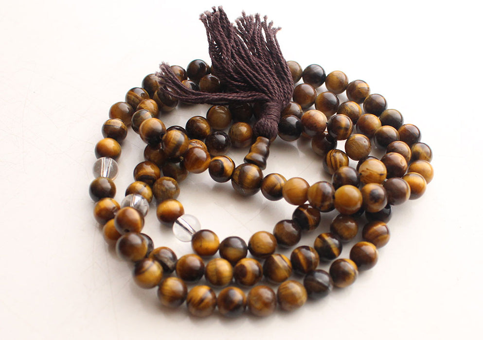 Glossy Tigers Eye Stone Buddhist 108 Prayer Beads Necklace with Spacer - nepacrafts