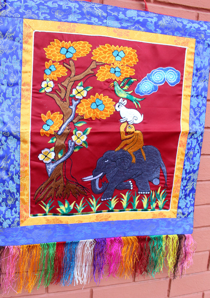 Four Harmonious Friends Embroidered Brocade Framed Wall Hanging - nepacrafts