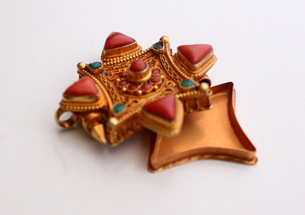 Gold Plated Silver Sterling Double Dorjee Tibetan Ghau Pendant with Coral Stone - nepacrafts