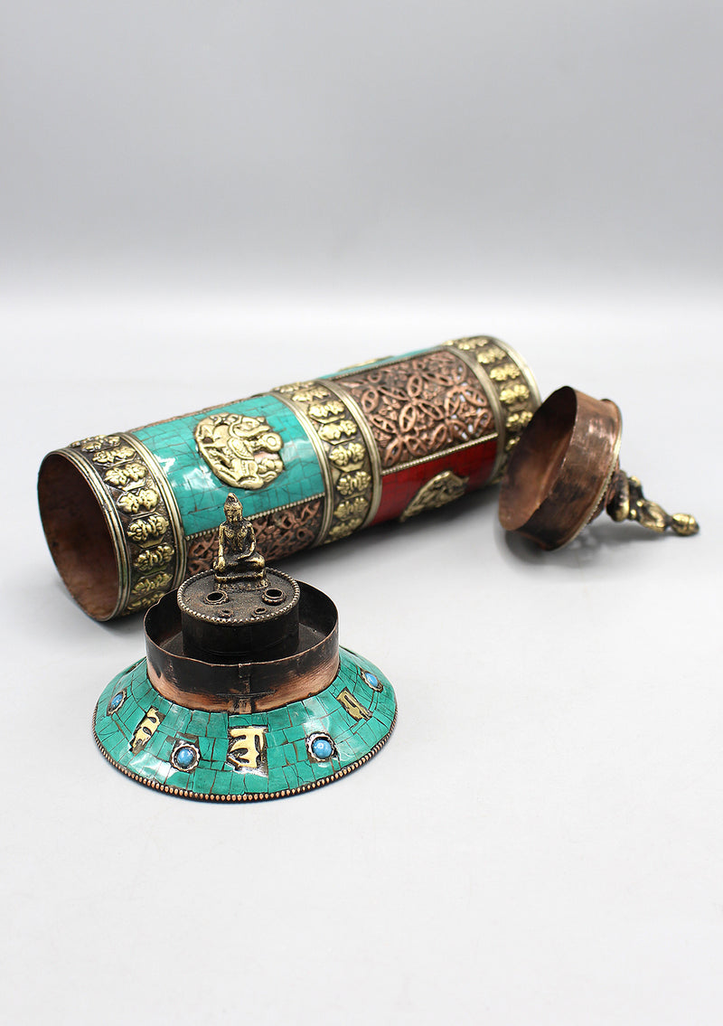 Cylindrical Turquoise and Coral inlaid Copper Incense Holder
