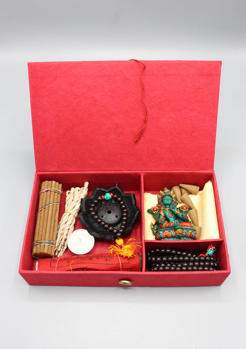 Green Tara Statue, Mala and Incense Buddhist Om Mani Gift Box