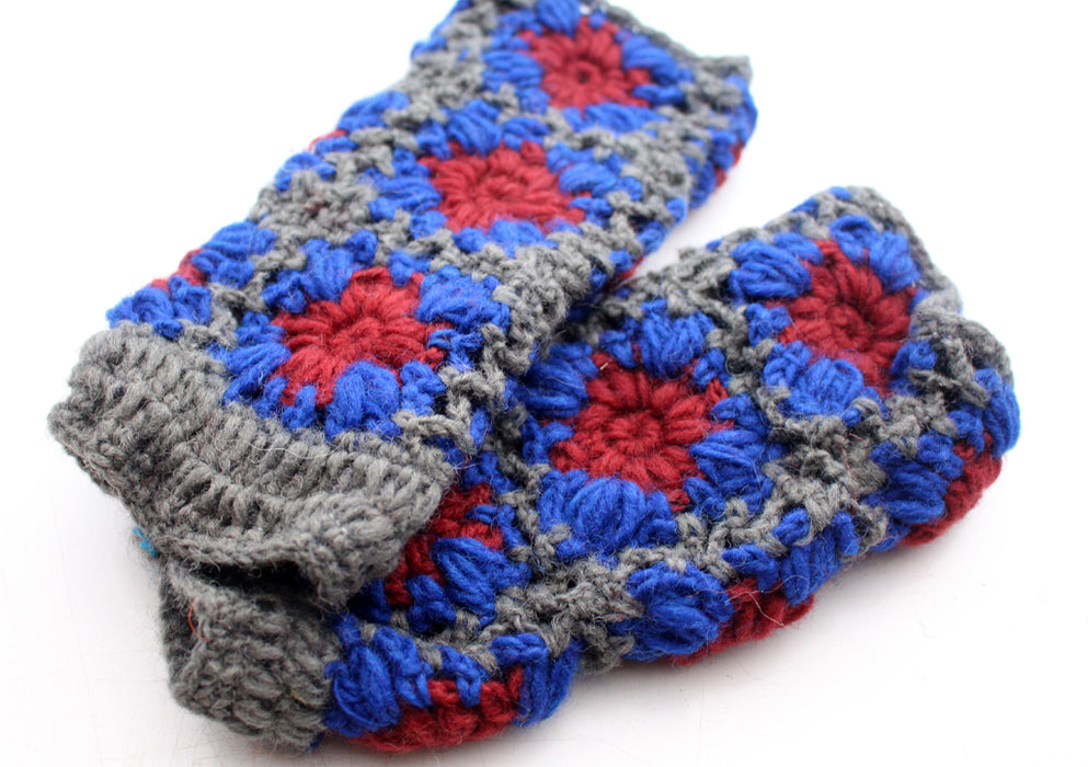 Hand Crochet Grey, Brown & Blue Color Finger less Gloves/Wrist Warmers - nepacrafts