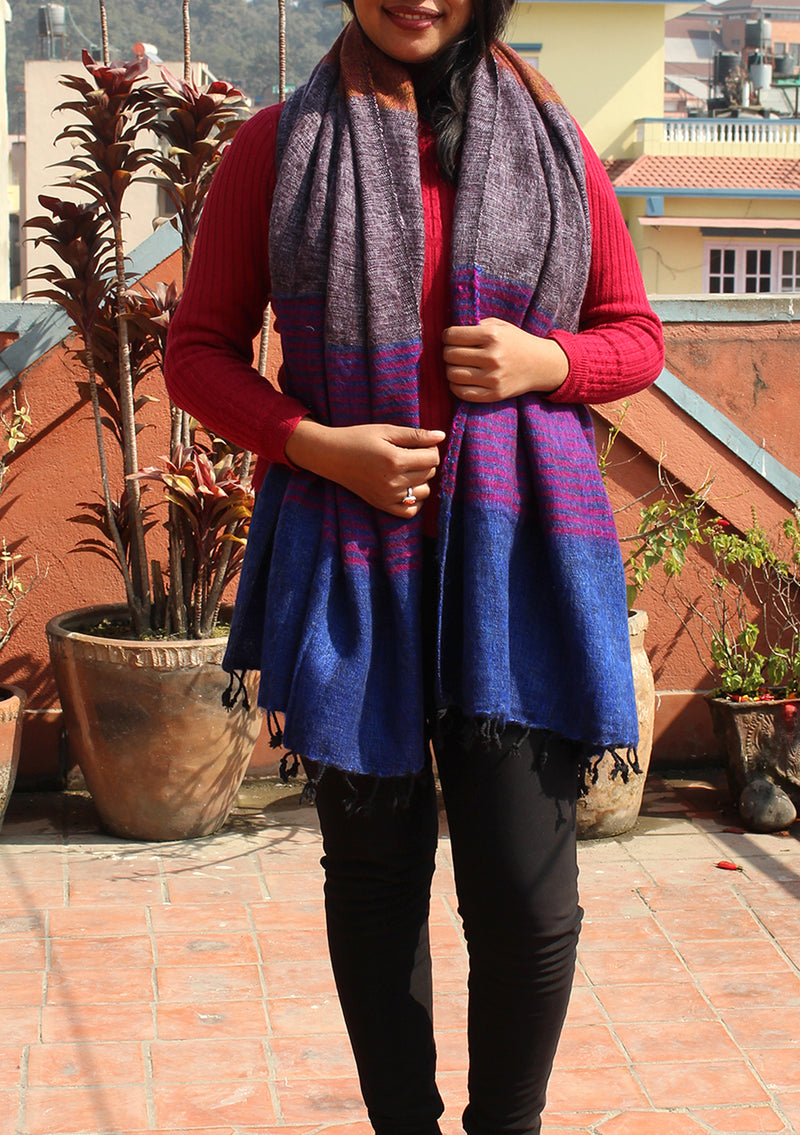 Blue Purple Lining Woolen Shawl of finest quality Nepal