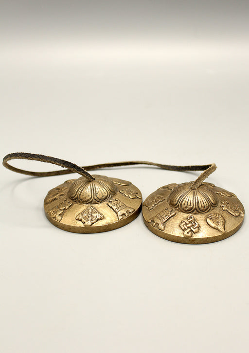 Eight Auspicious Symbol Embossed Carved Tibetan Tingsha/Cymbals - nepacrafts