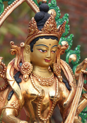 Four Armed Goddess Saraswati Partly Gold Plated Statue with Frame - nepacrafts