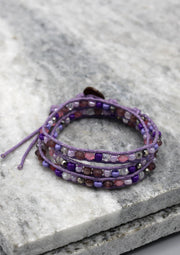 Crystal and Glass Beaded Purple Three Wraps Bracelet - nepacrafts