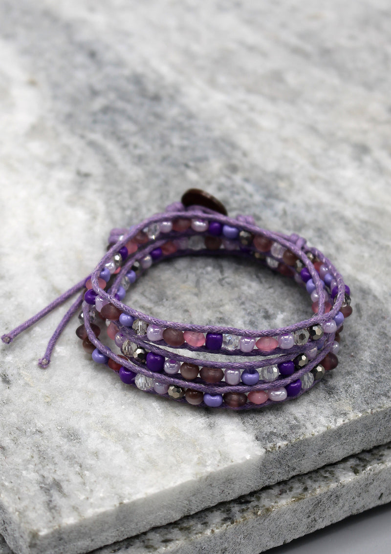 Crystal and Glass Beaded Purple Three Wraps Bracelet - nepacrafts
