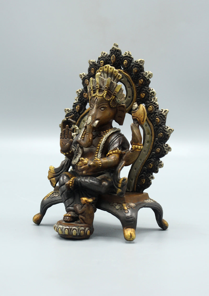 Four Armed Ganesha Statue Sitting on Throne 5.5"