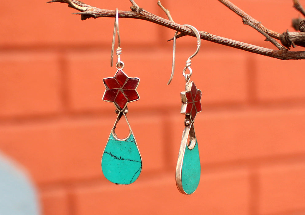 Flower Drop Inlaid Turquoise and Coral Dangle Silver Earrings - nepacrafts