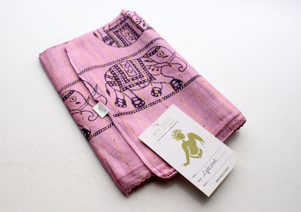 Light Pink Cotton Meditation Scarf with Elephant Print, Jari Shawl/Scarf - nepacrafts