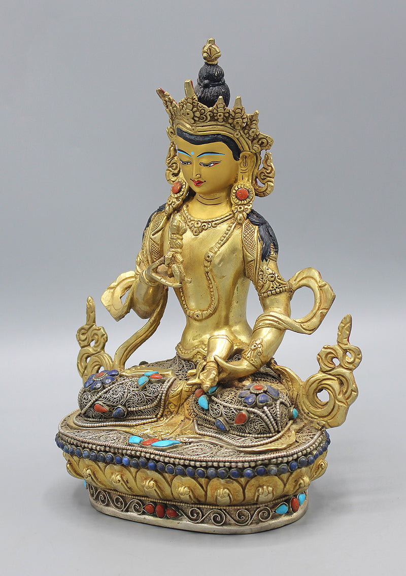 Gold Plated Vajrasattva Statue With Silver Filigree and Turquoise Inlays