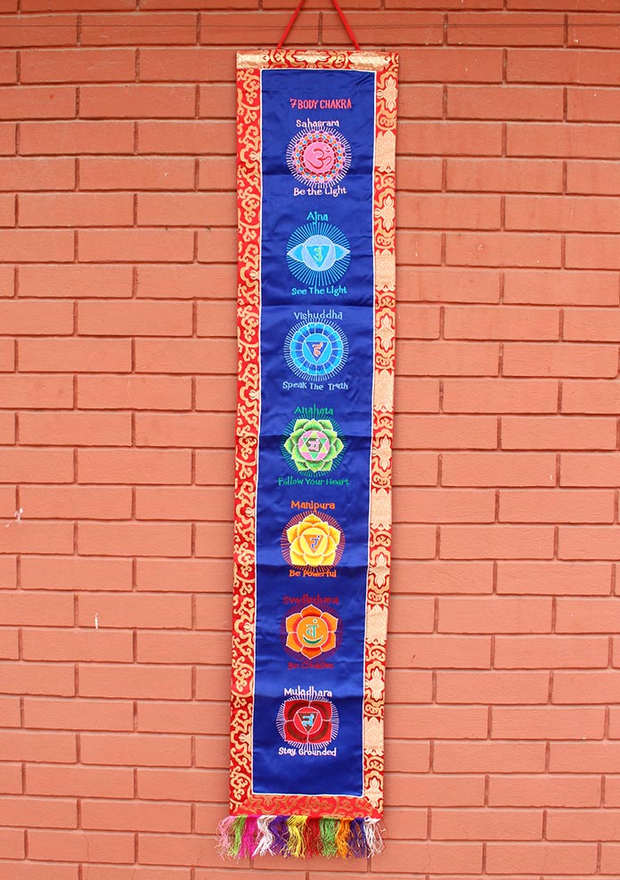 Seven Body Chakra Embroidery Brocade Framed Wall Hanging Banner