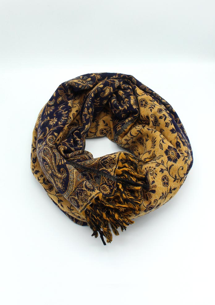 Hand Loomed Dark Blue Flower Pattern Print Yak Wool Shawl