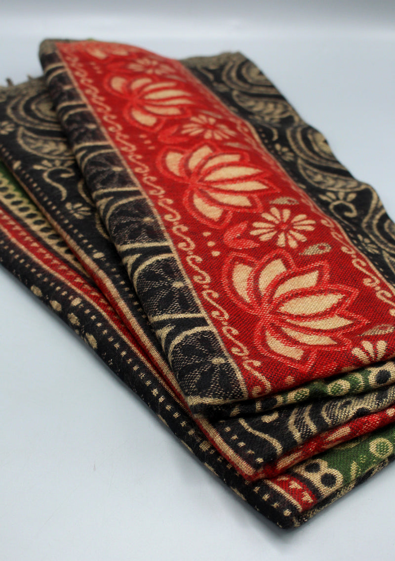 Red Lotus Design Black and Green Multi Color Yak Wool Shawl