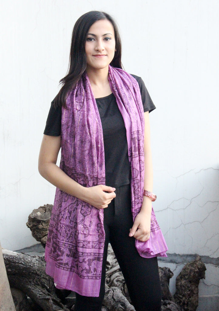 Cotton Dark Purple Scarf with Flower and Elephant Print From Nepal - nepacrafts
