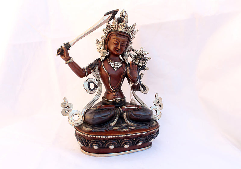 Silver Plated Copper Oxidized Manjushri Statue 8 Inch High - nepacrafts