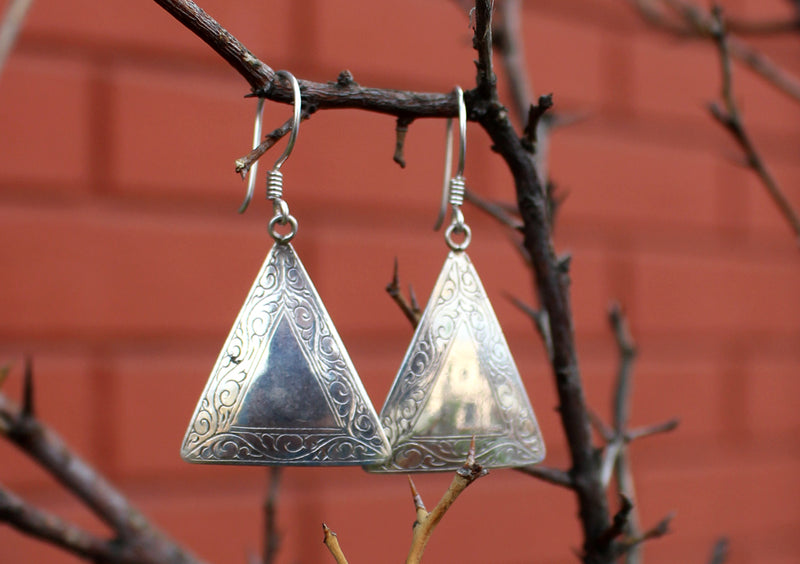 Traditional Triangle Hand Carved Silver Earrings - nepacrafts