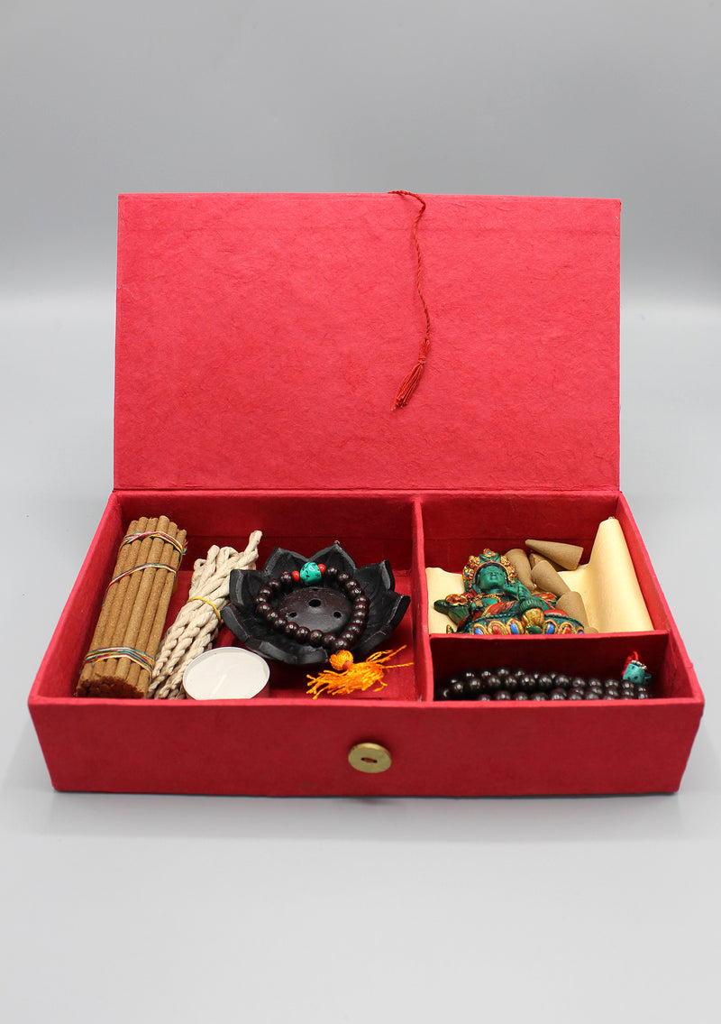 Green Tara Statue, Mala and Incense Buddhist Om Mani Gift Box