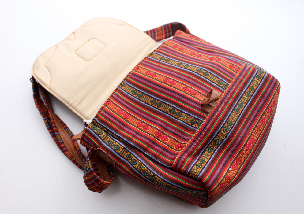Bhutanese Fabric Multicolor Side Carry Cotton Bag With Leather Edging - nepacrafts