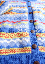 Blue and Yellow Mixed Multicolor Hand Knitted Pure Woolen Cardigan Sweater - nepacrafts