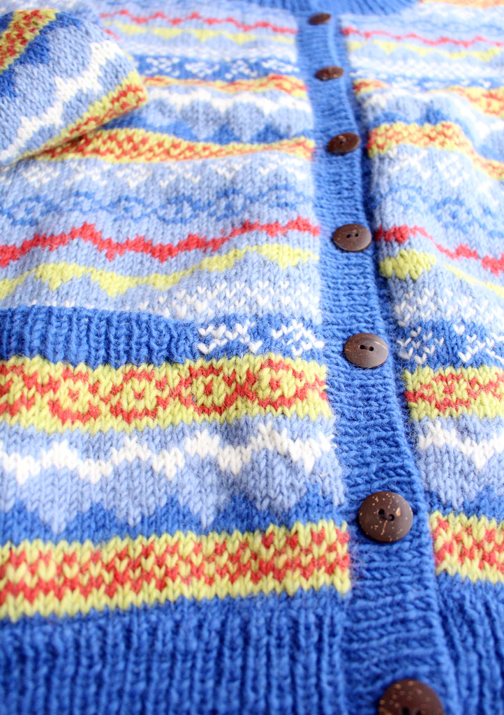 Blue and Yellow Mixed Multicolor Hand Knitted Pure Woolen Cardigan Sweater - nepacrafts