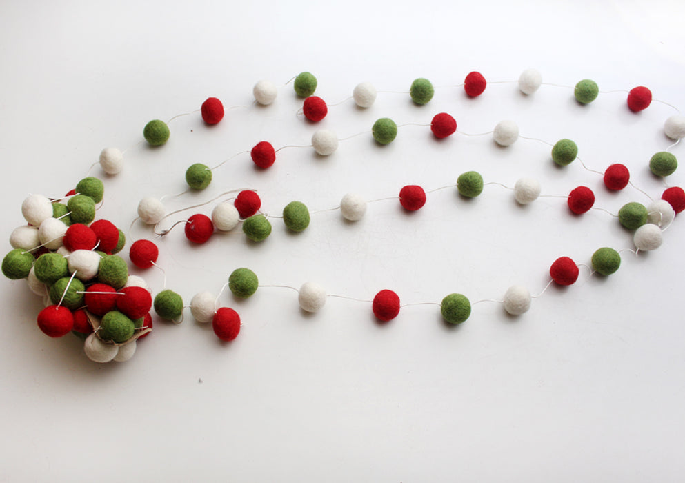 Red, White and Green Pom Pom Felt Balls Christmas Garland Hanging Decor - nepacrafts