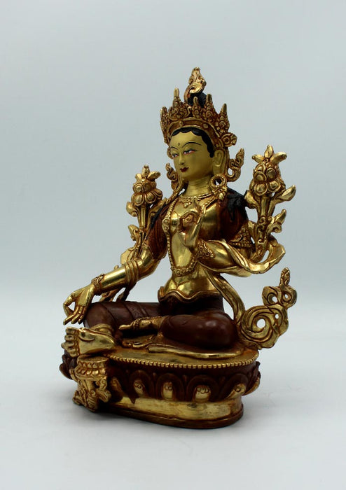 Gold Plated Copper Green Tara Statue 9"