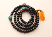 Natural Black Wooden Beads Mala with Faux Turquoise Counter - nepacrafts