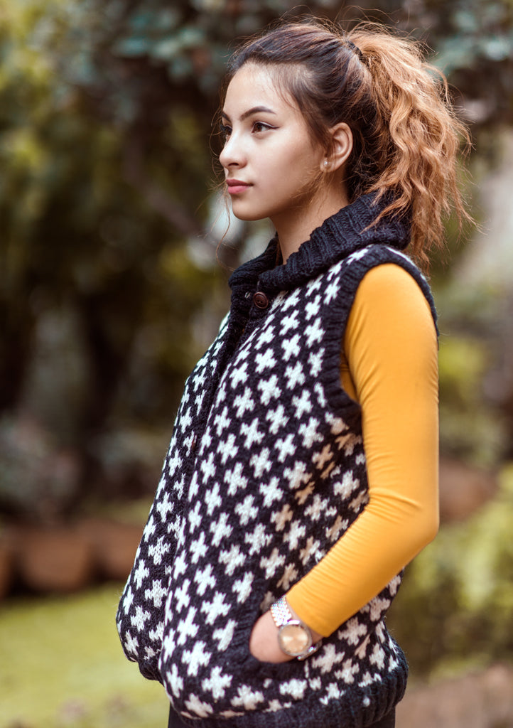 Black and White Plus Sign Pattern Multicolor Women's Woolen Cardigan - nepacrafts