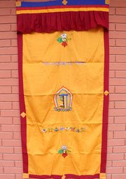 Cotton Wall Hanging Door Curtain Embroidered with Tibetan Kalachakra - nepacrafts