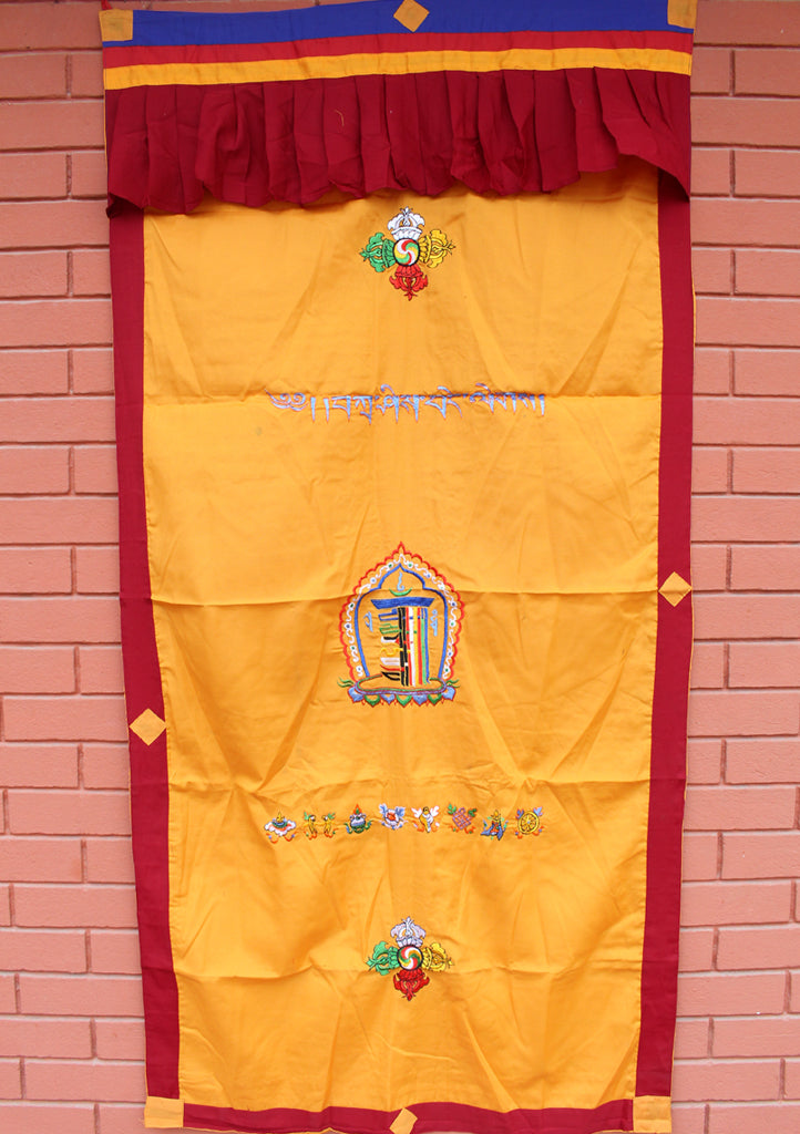 Cotton Wall Hanging Door Curtain Embroidered with Tibetan Kalachakra - nepacrafts