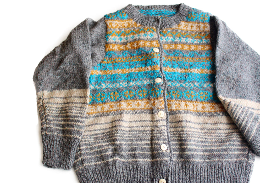 Aqua Blue and Mustard Lining Hand Knitted Pure Woolen Cardigan Sweater - nepacrafts