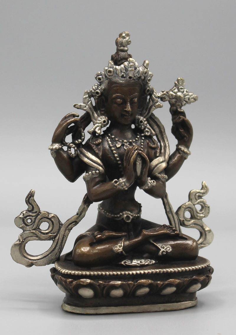 Copper Chenrezig Statue 4" High Inlaid Silver Robe - nepacrafts