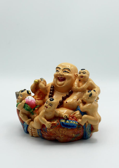 Hand Painted Feng Shui Laughing Buddha Sitting with Five Children Statue
