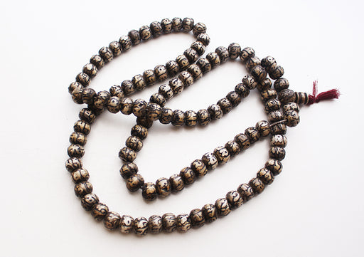Om Mani Etched Conch Mala, 108 Conch Bead Prayer Mala - nepacrafts