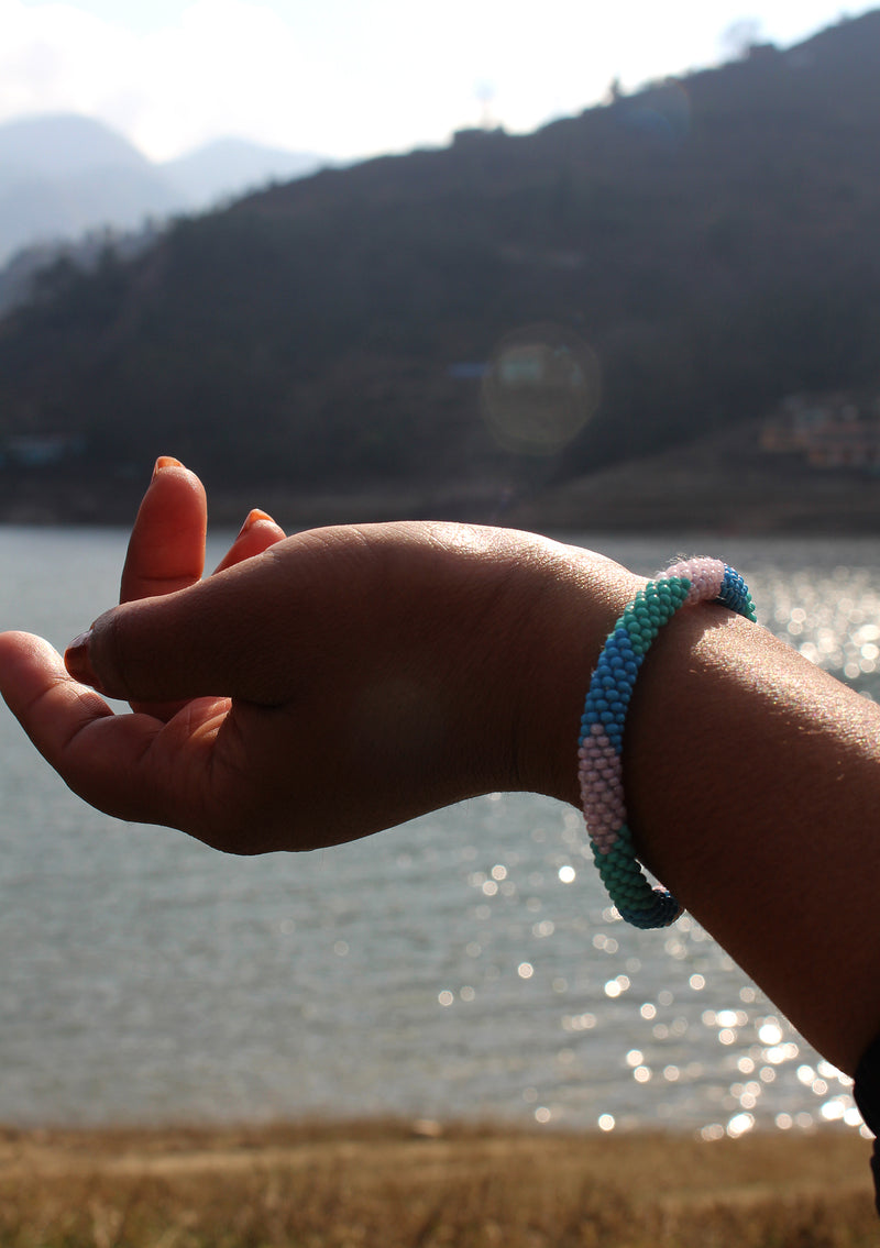 Turquoise, Blue & Pink Mixed Beads Nepalese Roll on Bracelet