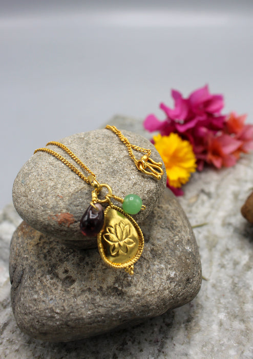 24 K Gold Plated Lotus Pendant with Faux Emerald and Sapphire Stone Charms