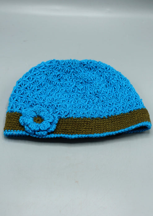 Blue Border Flower Attached beige Warm & Soft Crocheted Woolen Beanie