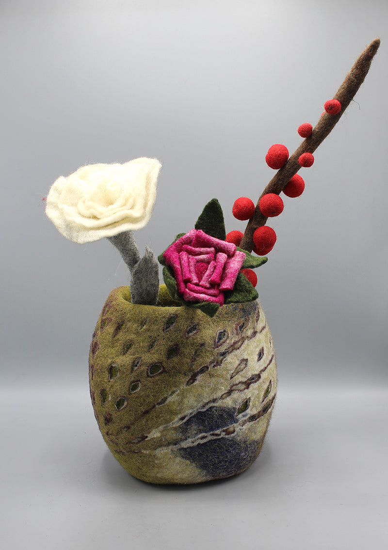Pink Rose and White Felt Flowers with Felt Vase Home Decor