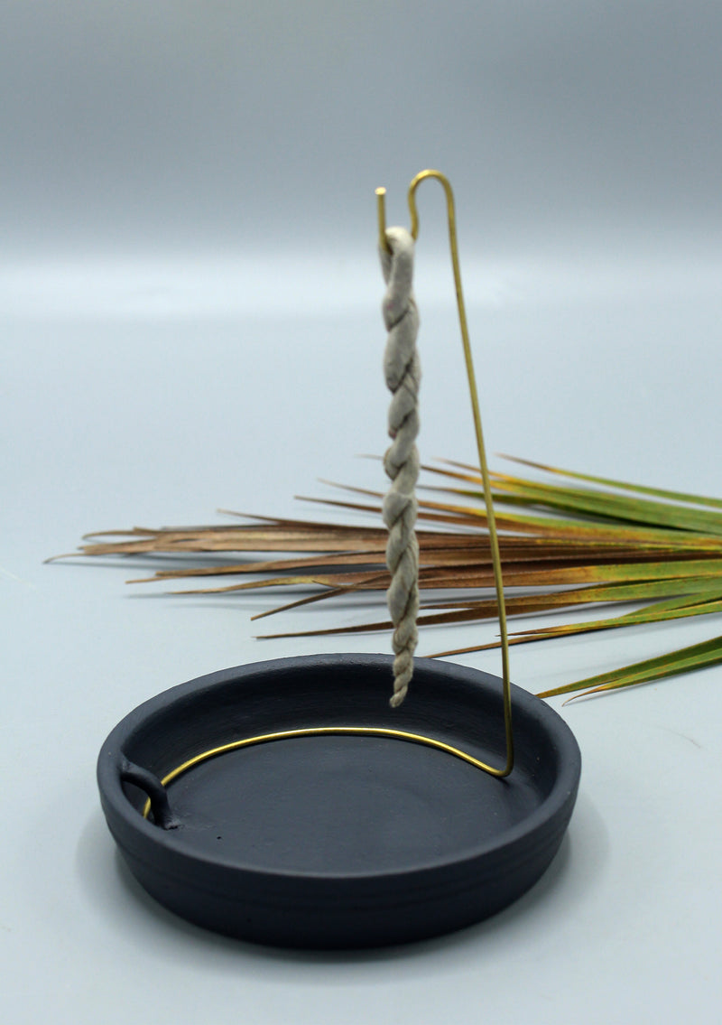 Black Ceramic Base Plate and Brass Stand for Rope Incense