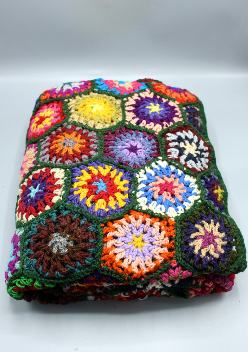 Beautifully Hand Crocheted Green Multi Color Woolen Blanket