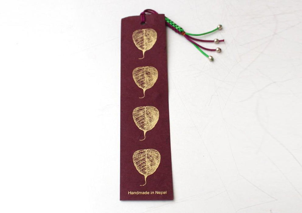 Maroon Leaf Lokta Paper Bookmark with Charm Tassel - nepacrafts