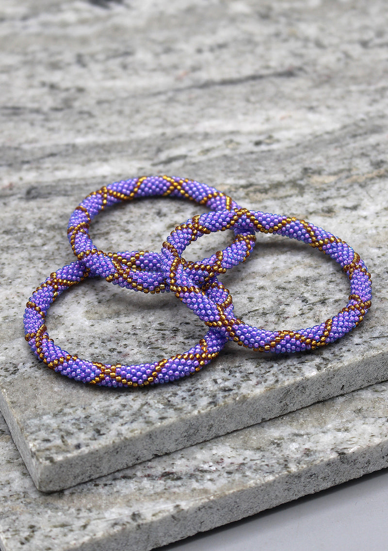 Golden Cross Purple Color Glass Beads Bracelet
